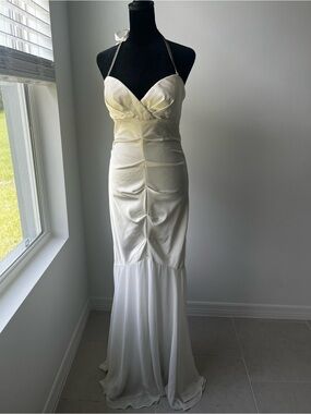 Xscape White Halter Satin and Chiffon Maxi Dress
